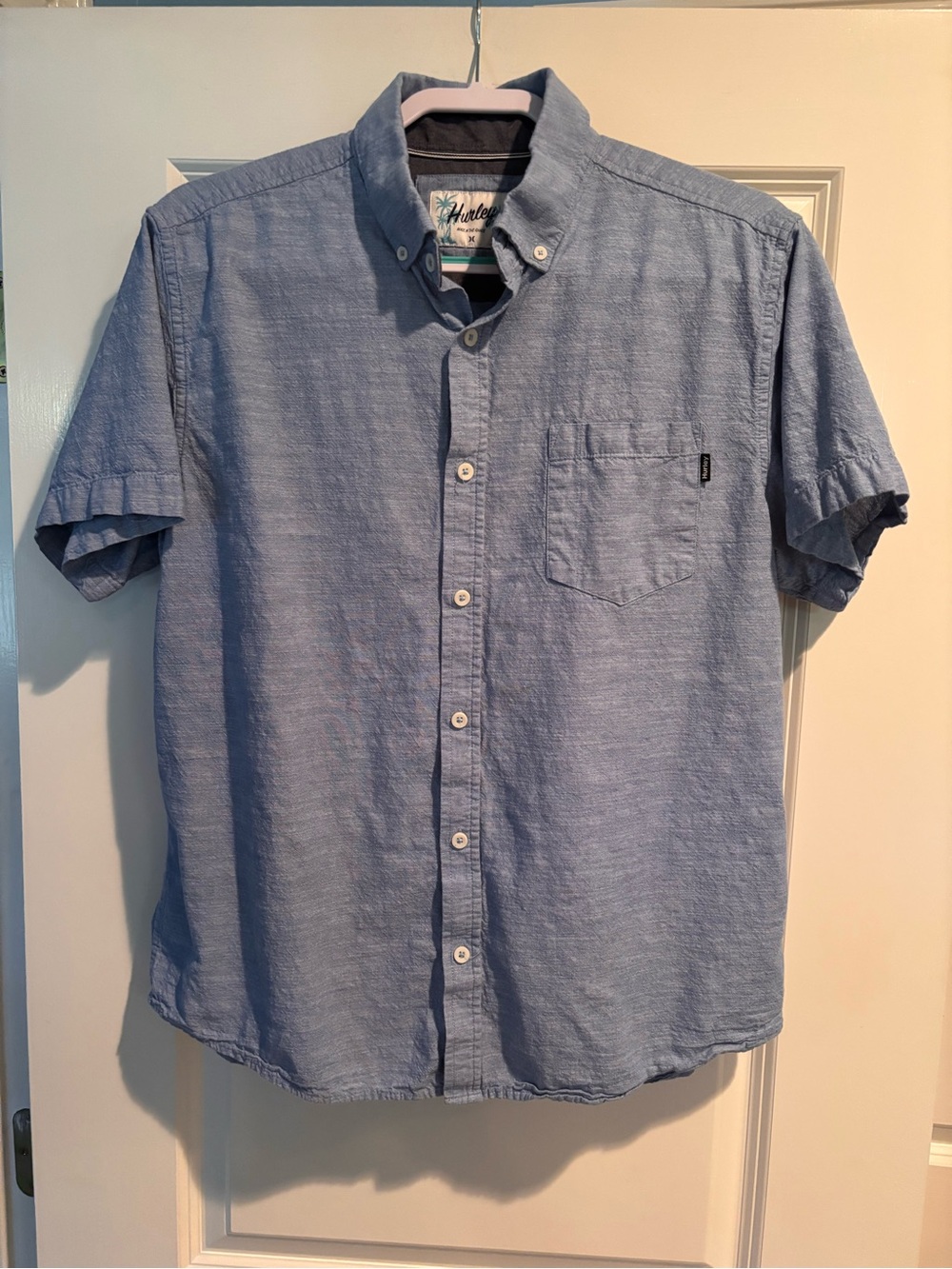 Hurley Men’s Blue Slub Button Down Shirt Short Sleeve Large